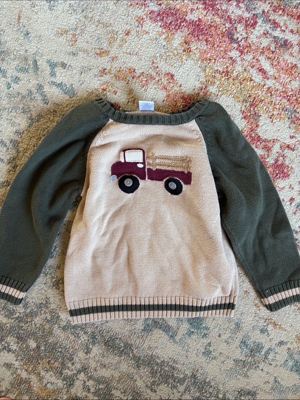 Toddler Truck Pullover Sweater in Beige and Olive